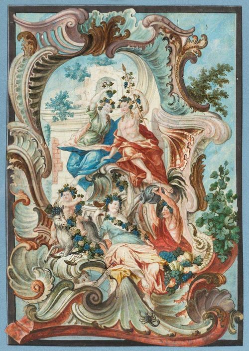 SOUTH GERMAN, 18TH CENTURY 1. Allegory of Spring; 2. Allegory of Autumn, ca. 1760/80. Two counterparts. Gouache with opaque white, partially heightened in gold. Each 24 x 17 cm. In original, identical period frames.