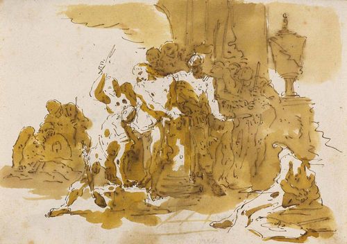 TIEPOLO, GIAMBATTISTA (Venice 1696 - 1770 Madrid) The flagellation of Christ. Black pencil, brown pen, brown and yellow-brown wash. Verso: Fall of the damned. Study in brown pen, brown wash. 14.6 x 20.6 cm. Provenance: Collection Schwabacher, San Francisco Collection Lorser Feitelson, Los Angeles Buch und Kunstantiquariat August Laube, Zürich Privat collection South Germany Literature: E. Feinblatt in: Master Drawings, Vo. 5, No.4, pp 400-403 Important double sided sheet from the Danzig Sketchbook. In the early work of Giambattista Tiepolo, plasticity and clair-obscure effects are achieved through punctuated pen strokes combined with several dark layers of wash. The work is part of a cycle of biblical scenes, probably intended as a preparation of a larger cycle of frescos. Exhibitions: Cambridge 1970 Los Angeles 1976 Santa Barbara 1983