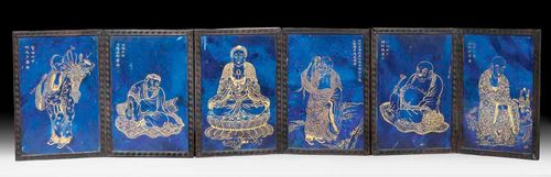 MINIATURE SCREEN.China, Qing-Dynasty, each panel 21x14.5. Gold painted on blue tinted stone. Each panel set in a wooden frame. The front with Buddhist saints and Amithaba. The back with text panels in "lishu".