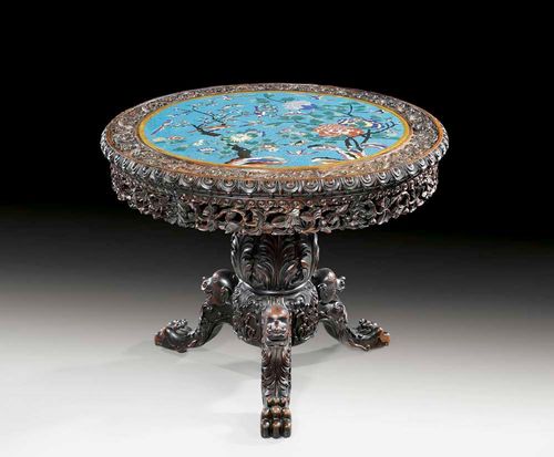 ROUND SIDE TABLE.China, 19th century. D 78 cm, H 62 cm. Cloisonné top with flowers and birds on a turquoise ground set in a carved hardwood frame.