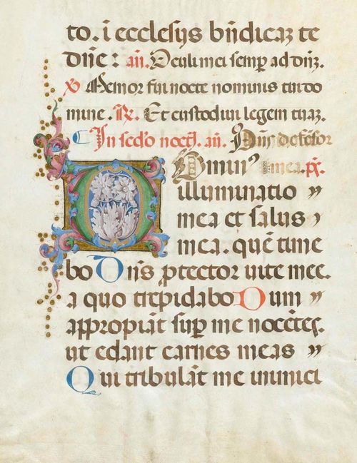 NORTHERN ITALIAN Ferrara?, 3rd quarter of 15th century. Sheet from a Psalter with initial D (omin' mea illuminato mea et salus mea...) with floral decoration. Vellum. Sheet size 56 x 42 cm. Initial 10 x 13 cm. Genuine gold frame. Provenance: Auction gallery Fischer, Lucerne, Nov. 30, 1959, lot 367 Private collection, Switzerland