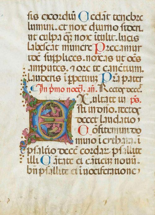 NORTHERN ITALIAN Ferrara?, 3rd quarter of 15th century. Sheet from a Psalter with initial E (ultate justi in domino...) with floral decoration. Vellum. 56 x 42 cm. Initial ca. 11 x 12.5 cm. Tetragram. Genuine gold frame. Provenance: Auction gallery Fischer, Lucerne, Nov. 30, 1959, lot 366 Private collection, Switzerland