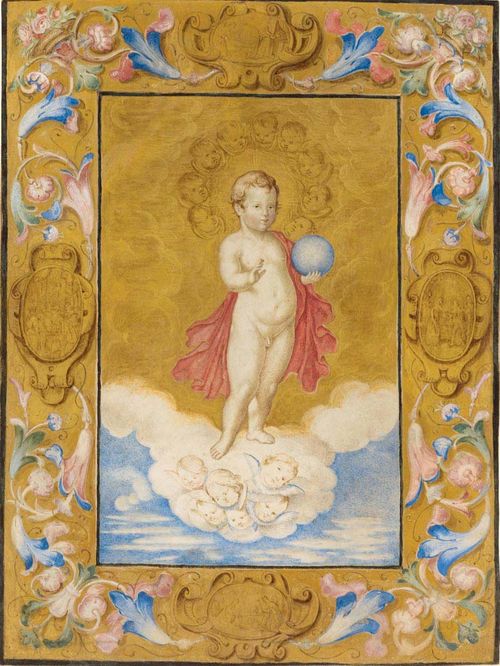 GLARIO, GIOVAN BATTISTA a.k.a. GIOVAN BATTISTA DA UDINE (active in Venice 1568 - 1574) Sheet from a Mariegola with the depiction of the Christ child as "salvator mundi". Vellum. 26.2 x 20.2 cm. Ca. 1750.