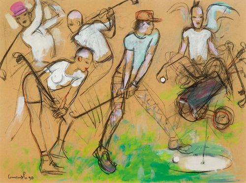 COMENSOLI, MARIO (Lugano 1922 - 1993 Zurich) Lady golfer. 1990. Mixed media on paper. Signed and dated lower left: Comensoli. 90. 58..5 x 78 cm. Provenance: Swiss private collection, acquired directly from the artist.