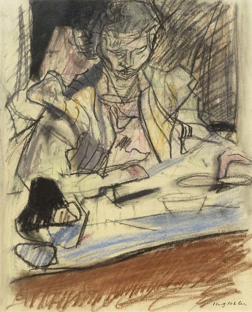 GUBLER, MAX (1898 Zurich 1973) Figure reading. Chalk on paper. Signed lower right: m gubler. 45 x 36 cm (image).