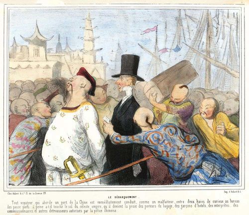 DAUMIER, HONORE (Marseille 1808 -1879 Valmondois).Voyage en Chine, 1843/45. Lot of 30 sheets (originally 32, the last 2 missing) of the series. Lithograph with old colouring. All on firm white velin without imprinting on back, some with traces of old binding on left edge. Left margins trimmed lightly, sometimes up to the title. Some sheets with minimal to heavy foxing. Some small defects along edges. Overall good condition.