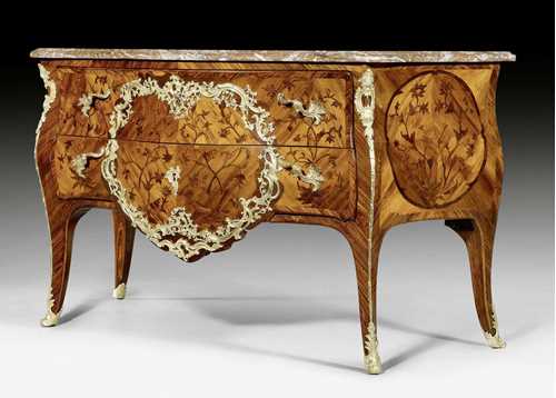 COMMODE "A FLEURS", Louis XV, stamped H. HANSEN (Hubert Hansen, maitre 1747), Paris circa 1750. Purpleheart and tulipwood in veneer, inlaid in "bois de bout" on all sides. The front with 2 drawers sans traverse. Rich, finely crafted, gilt bronze mounts and sabots. "Rouge Royal" top.148x60x87 cm.