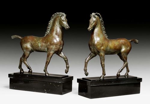 MESSINA, F. (Francesco Messina, Linguaglossa 1900 - 1995 Milan), Milan circa 1930/40. Two horses. Burnished bronze, on ebonized plinth. Signed on hoof of one of the horses: F. MESSINA. L 52 cm, H 44 cm. Height without plinth 42.5 cm. With an expertise from the Fondazione Francesco Messina, by Prof. Dr. Loi Milan , October 2010. Provenance: Swiss Private collection.