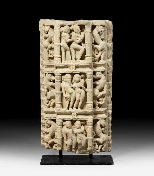 BEIGE SANDSTONE MITHUNA-STELE.Rajasthan, 11th century. H 68 cm. Relief decorated, with three pairs of lovers. Formerly a French private collection