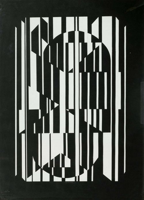 VASARELY, VICTOR (Pecs 1908 - 1997 Paris) Untitled. Silk screen. 51/100. Signed centre bottom: Vasarely. Image 57 x 37.8 cm on black wove paper 70 x 50 cm.