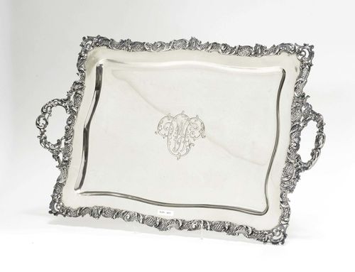 TRAY WITH HANDLES.Silver. Marked. 20th century. Rectangular with open-worked rocaille/volute rim. Mirror with engraved initials. Handles on both sides. 63.3x40 cm, 2650 g.