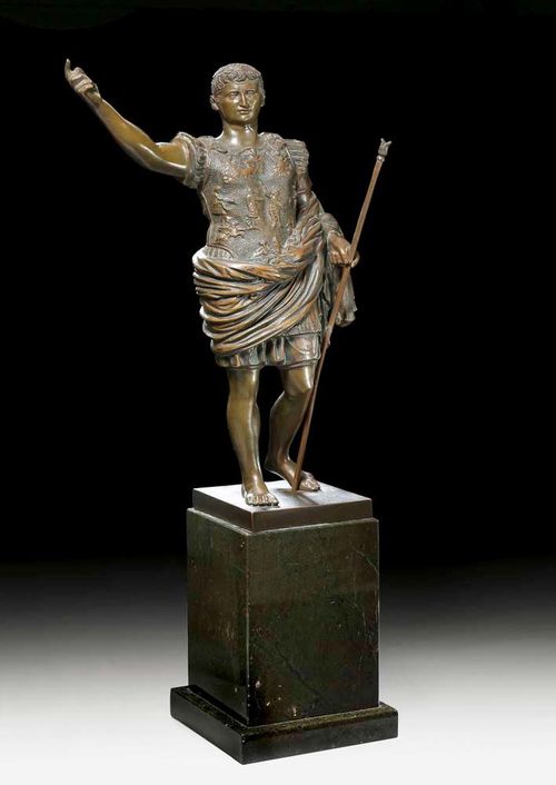SCULPTURE OF AUGUSTUS,after the antique, probably  Rome, 19th century Burnished bronze and dark green marble. H 47 cm. Provenance: from a German private collection.