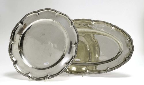 1 ROUND AND 1 OVAL PLATTER,20th century, silver. Curved form with ornamental rim. 59x30.5 and D 38 cm. Total weight: 2830 g.