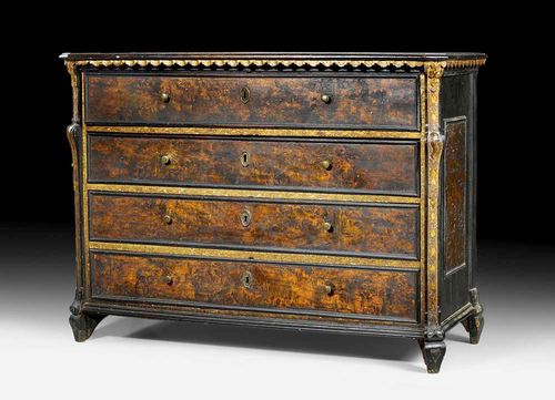 CHEST OF DRAWERS,Early Baroque, Lombardy circa 1720. Shaped and carved walnut and burlwood, also parcel gilt. With 4 drawers at the front, bronze knobs and mounts. 136x57x101 cm. Provenance: Swiss private collection.
