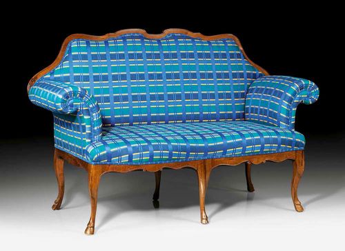 SMALL CANAPÉ,Louis XV, probably  Bern, 18th century Shaped walnut frame with blue/green fabric covers with geometric pattern. 150x60x45x95 cm. Provenance: Swiss private collection.