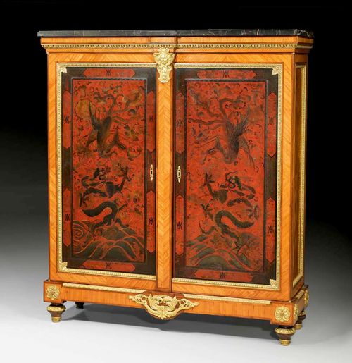 HALF-HEIGHT CABINET WITH LACQUER PANELS,Louis XIV style, attributed to A. BEURDELEY (Louis Auguste Alfred Beurdeley, 1808-1882), Paris, 19th century, the panels probably older. Tulipwood and rosewood veneer and fine lacquer panels in the "Chinese style"; with dragons, fabulous creatures, flowers and frieze on red ground. With double door front, exceptionally fine matte and polished gilt bronze mounts and applications and a black/grey speckled marble top. 150x44x166 cm. Provenance: Private collection, Germany.