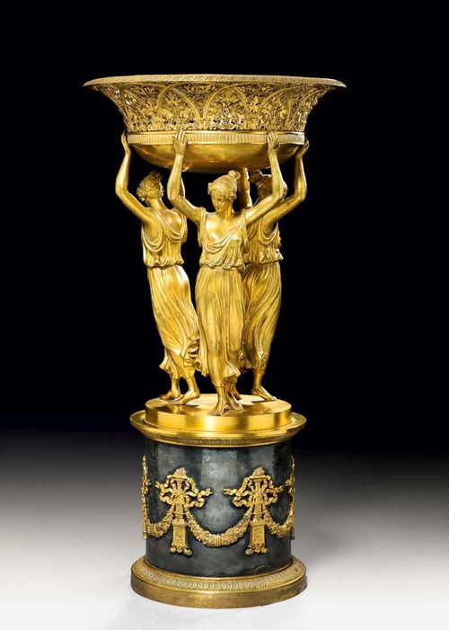 BRONZE TABLE ORNAMENT "AUX TROIS GRACES",Empire, in the style of P.P. THOMIRE (Pierre Philippe Thomire, 1759-1843), Paris, 19th century Matte and polished gilt bronze and burnished bronze. Depicting the three graces. H 47.5 cm. Provenance: Private collection, France.