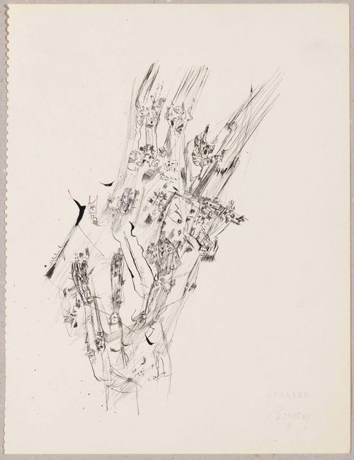 BRYEN, CAMILLE (Nates 1907 - 1977 Paris).Lot of 3 drawings: 1. Composition abstraite. Black pen, 24.3 x 20,4 cm. Inscribed verso in pencil: cahier Le 8. With blind stamp: Atelier Bryen. 2. Composition abstraite. Grey pen, 37.1 x 31.1 cm. Signed in black pen: Bryen. Inscribed verso in pencil: 70 eme cahier. 3. Composition abstraite. Black pen, 36.8 x 26.8 cm. Inscribed verso in pencil: 55e cahier. With blind stamp: Atelier Bryen.