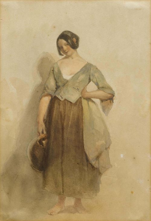 ITALIAN, 19TH CENTURY.Barefoot young woman with ceramic jug. Watercolour. 32.5 x 22.5 cm. Framed.