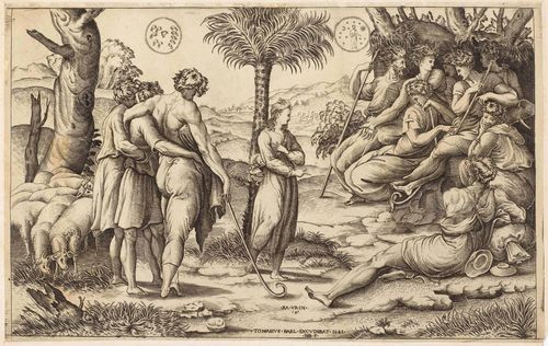 BEATRIZET, NICOLAUS (Thionville 1515 - 1565 Rome).After Raffaelo Sanzio. Joseph interprets his brothers’ dreams, 1541. Etching, 24 x 38 cm. Bartsch XV, 9. – Fully mounted on backing sheet.