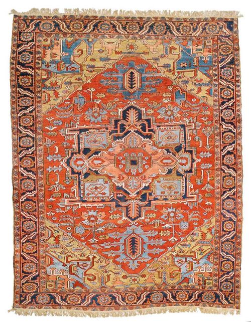 HERIZ old. Red ground with yellow corner motifs, typically patterned, dark blue border, signs of wear, 370x300 cm.