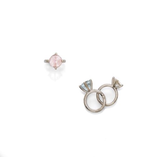 THREE GEMSTONE RINGS, RAPHAEL HUBER. White gold 750, 42 g. Set with 1 round white topaz weighing 6.60 ct, 1 light-blue topaz weighing 9.90 ct, and 1 kunzite weighing 14.20 ct, respectively. Size ca. 56. With copy of the invoice, April 2004.
