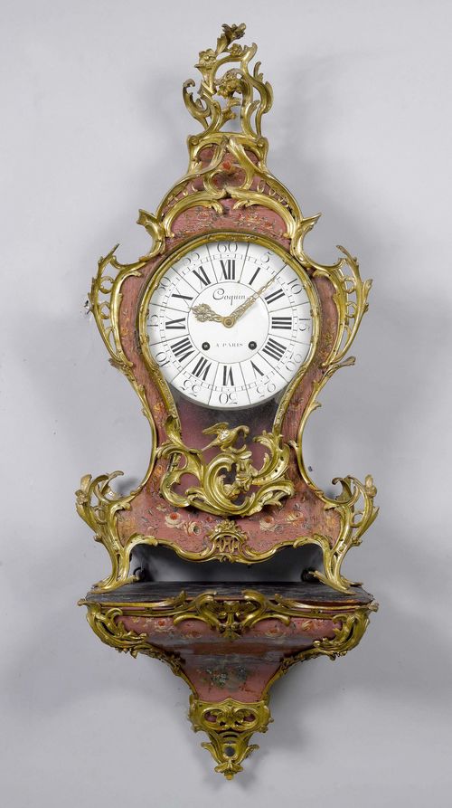 PAINTED CLOCK ON PLINTH,Louis XV, Paris, 18th century. The dial signed COQUIN À PARIS. Curved wooden case, painted pink and decorated with flowers. "Treize pièce" enamel dial. Movement with anchor escapement, striking the 1/2-hour on bell (missing). 45x24x125 cm. Requires restoration.