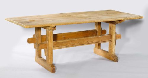 LARGE RUSTIC TABLE,Switzerland, 19th century. Pinewood. Rectangular top on interconnected frame. 210x108x76 cm.