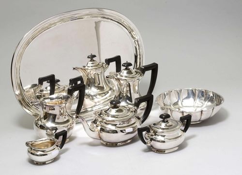 COFFEE AND TEA SET WITH TRAY,Switzerland, 20th century. Manufactory Jezler. "Château" pattern. Comprising: tray, coffee pot, tea pot, water jug, cream jug and sugar bowl, and associated biscuit bowl. Total weight 4830 g.