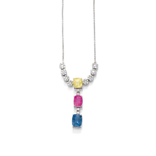 MULTICOLOR BURMA SAPPHIRE AND DIAMOND NECKLACE. White gold 750. Decorative "Y"-shaped necklace, the front decorated with 8 rosettes decorated with brilliant-cut diamonds, the centre with a vertical line of 3 cushion-cut Burma sapphires: 1 yellow sapphire weighing 3.24 ct, 1 pink sapphire weighing 2.59 ct and 1 blue sapphire weighing 3.46 ct, connected to one another by 4 brilliant-cut diamonds. Total diamond weight ca. 2.30 ct. L ca. 41.5 cm. With Stalwart Report, No. 124351, 124352, 124350, May 2013.