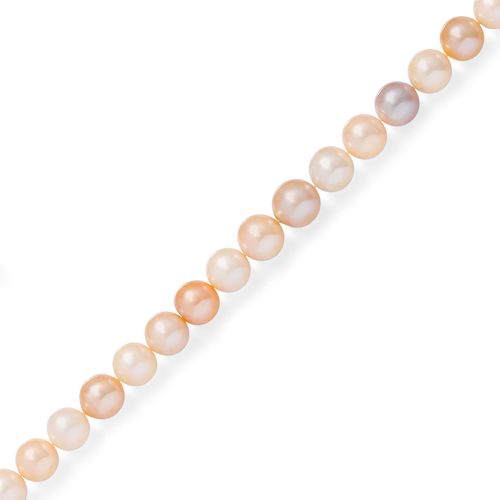 PEARL NECKLACE. Silver 925, gold-plated. Casual necklace of 33 white, pink and salmon pink freshwater cultured pearls of ca. 11.5 - 13.8 mm Ø, with a magnetic ball clasp. L ca. 44 cm.