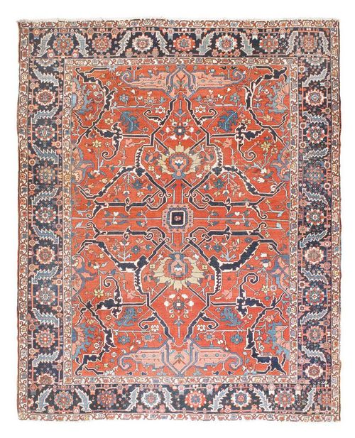 HERIZ antique.Red central field, entirely patterned with stylised trailing flowers, dark blue border, signs of wear, 345x280 cm.