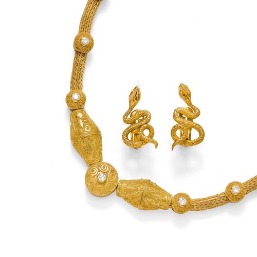GOLD AND DIAMOND NECKLACE AND 3 EAR CLIPS, LALAOUNIS. Yellow gold 750, 83g. Decorative knitted necklace in the Hellenistic style, decorated with 7 round and 2 spindle-shaped ornamental parts with applied corded gold wires and textured, the round elements each additionally set with 1 brilliant-cut diamond, weighing ca. 1.10 ct in total. L ca. 43 cm. 3 matching ear clips designed as a coiled snake. With case.