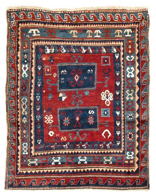 KAZAK antique.Red central field with two blue medallions, wide border, good condition, 156x125 cm.