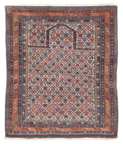 KUBA MARASALI antique.White ground, finely patterned with stylised flowers in attractive colours, stepped border, otherwise in good condition, 127x110 cm.