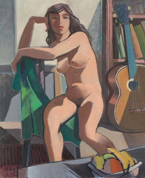 HEUSSLER, ERNST GEORG (Basel 1903 - 1982 Zurich) Female nude with guitar. 1952. Oil on canvas. Signed and dated lower left: E. G. Heussler 52. 73 x 60 cm. Provenance: - Galerie Bollag, Lausanne (verso remains of a label). - Swiss private collection.