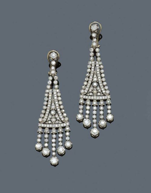 DIAMOND PENDANT EARRINGS, ca. 1930. Platinum. Very fancy, long Art Déco ...