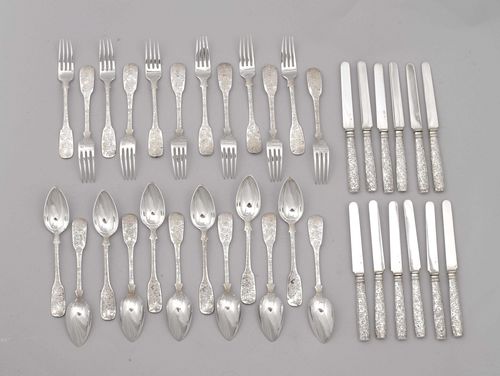 SMALL SET OF CUTLERY,Vienna, ca. 1850. Manufactory: Mayerhofer & Klinkosch. Opulently engraved and embossed with flowers. Comprising: 12 spoons, 12 forks, 12 knives with silver blades. 36 items in total. Total weight 1740 g.