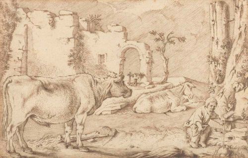 SCORZA, SINIBALDO (Voltaggio 1589-1631 Genoa) Landscape with animals, ruins and a boy. Brown pen. 18.5 x 28.8 cm. Framed. Provenance: - Sotheby's, London, 8. July 1998, Lot 48. - Swiss collection.