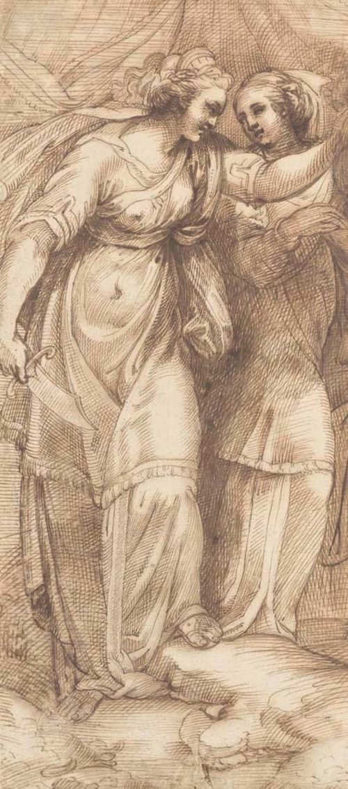 PASSAROTTI, BARTOLOMEO (1529 Bologna 1592) Two mythological female figures. Brown pen. Verso old numbering and inscription in pencil: Passaroti, Col. Grossmann. 37 x 16.5 cm. Framed.
