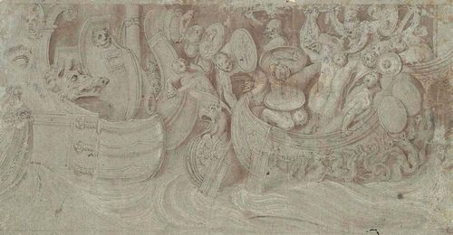 NORTHERN ITALIAN, 16TH CENTURY Sea battle. Brown pen, brown wash, partly worked with silver pencil, on grey paper. 20.6 x 40.2 cm. Provenance: - Collins collection (1755 - 1831, (Lugt 475). - unidentified collection: Y (not in Lugt).