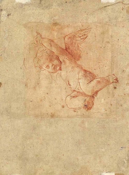 ITALIAN, 17th CENTURY Flying putto. Red chalk drawing. Two old collector's stamps (not in Lugt). Verso further studies of putti. 17.4 x 23.5 cm. Framed.
