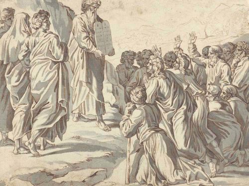 ITALY, 18TH CENTURY Moses showing the Israelites the tablets of the ten commandments. Brown pen, brush in grey. 20.5 x 27.3 cm.
