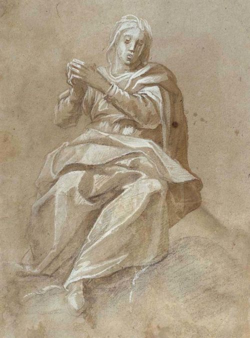 LOMBARDY, 17TH CENTURY Mary at prayer. Brown brush, heightened in white over black chalk. 31 x 23.5 cm. Framed.