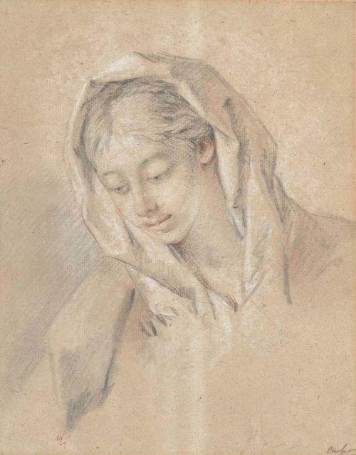 BOUCHER, FRANCOIS (1703 Paris 1770), attributed Portrait study of a young girl. Black chalk, red chalk, heightened in white. With old inscription lower right in brown pen.: Boucher. 32.5 x 25.8 cm.