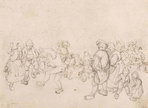 GROOT, JAN DE (Vlissingen 1656 -1726 Haarlem) Peasants dancing at a village feast. Brown pen and pencil on paper with watermark: Narrenkappe über 3/4 Bällen. With "AVO" (recto) and "A v. Ostade" (verso). 13.6 x 18.6 cm. Framed.