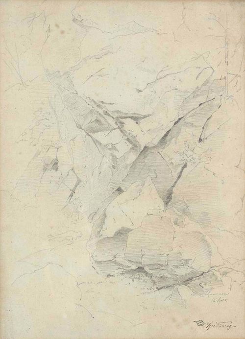 SPITZWEG, CARL (Unterpfaffenhofen 1808 - 1885 Munich) Rocks at a mountain stream at Schwanensee. Pencil drawing. Inscribed in pencil lower right: am Schwanenesee 16. Sept. 1837. 40.5 x 29.5 cm (image). Framed. Provenance: - the artist's estate (Lugt 2307) - private collection, Switzerland