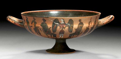 TERRACOTTA SIANA BOWL,Greek, Attic, 550/540 BC. Decorated with depiction of a running man - probably Hermes. The sides with depiction of the goddess Nike between 2 men and further figures. Restored. H 11.2 cm, W 31 cm. Provenance: - Galerie Arete, Zürich. - from a French private collection, acquired in 1972, with expertise.