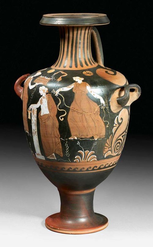 TRIPLE-HANDLED AMPHORA, known as a "Campanische Hydria",Decorated by the painter "CA"  Lower Italy, 300 BC Fired clay. The sides finely painted with women at a grave. H 46.5 cm. Provenance: - Galerie Arete, Zürich. - from a French private collection, acquired in 1972 with expertise. Very good condition.