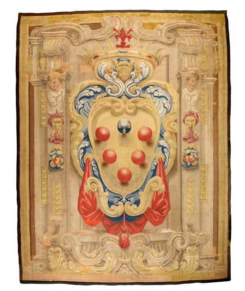 PORTIERE WITH "PALLE MEDICEE",Early Baroque, Florence circa 1550/1600. With the Medici coat of arms within masks and frieze. With repairs. H 270 cm, W 210 cm. Provenance: Swiss private collection .